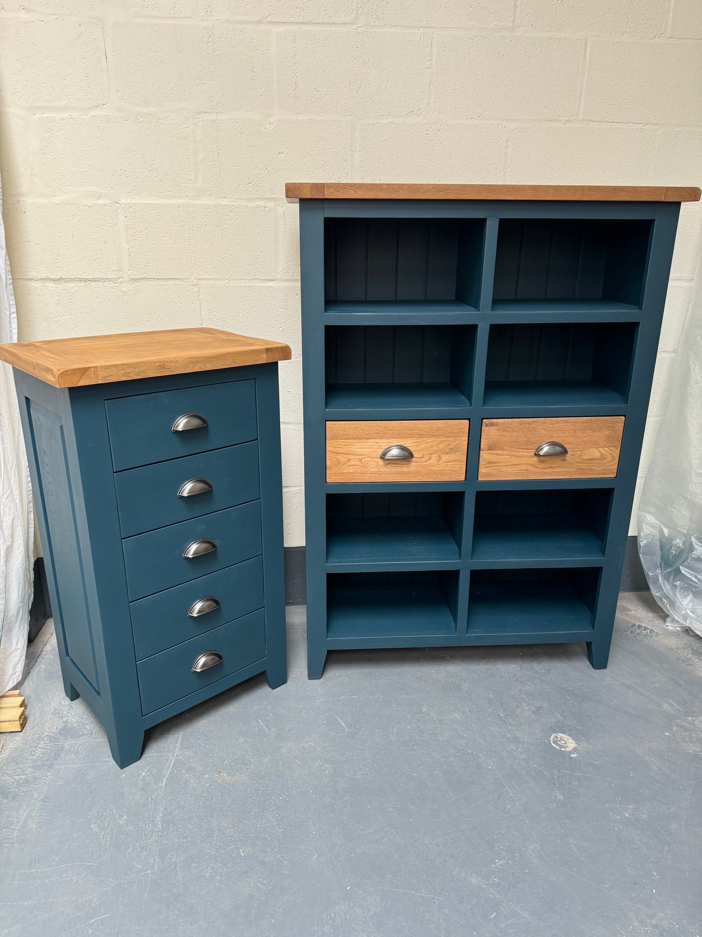 Restored Solid Oak Bookcase in Dark Blue Finish