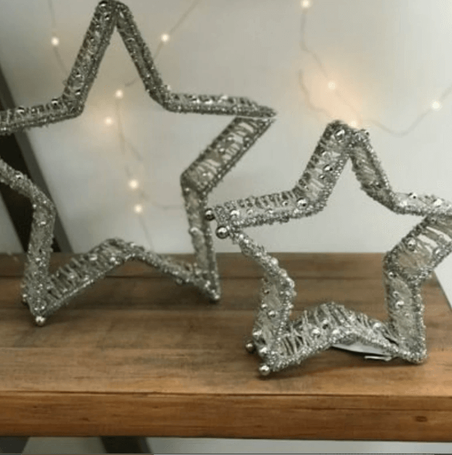 Grey Beaded Freestanding Stars - Set of 2 Sparkling Christmas Decorations