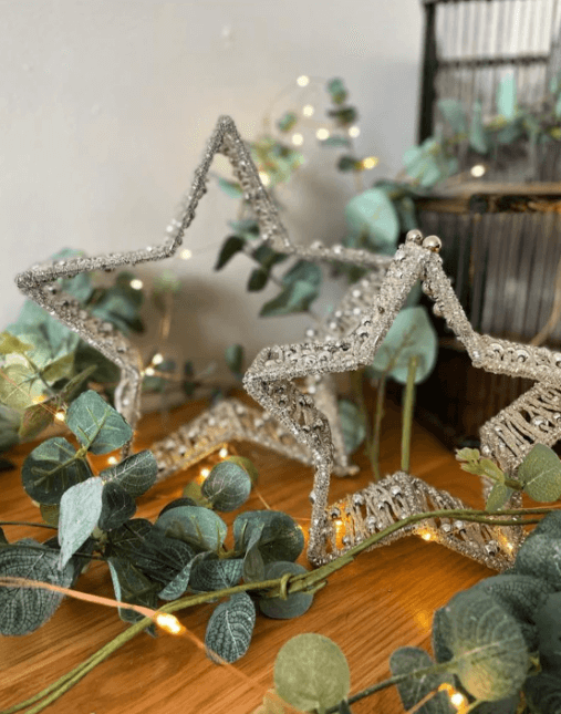 Grey Beaded Freestanding Stars - Set of 2 Sparkling Christmas Decorations