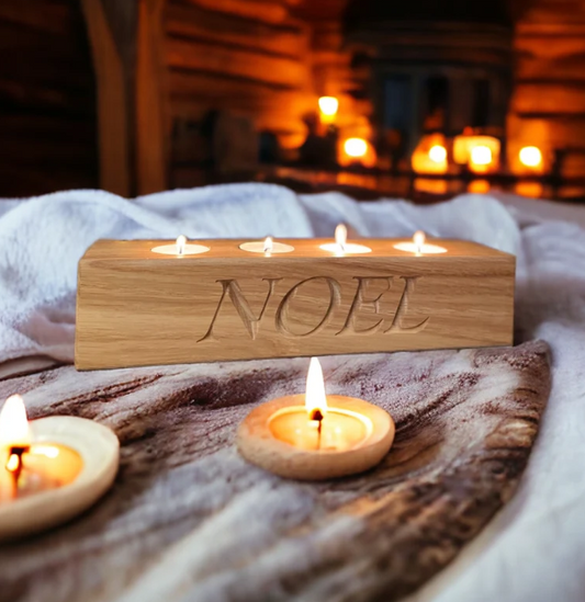 Noel Engraved Wooden Tealight Candle Holder – Handcrafted Solid Oak Christmas Centerpiece