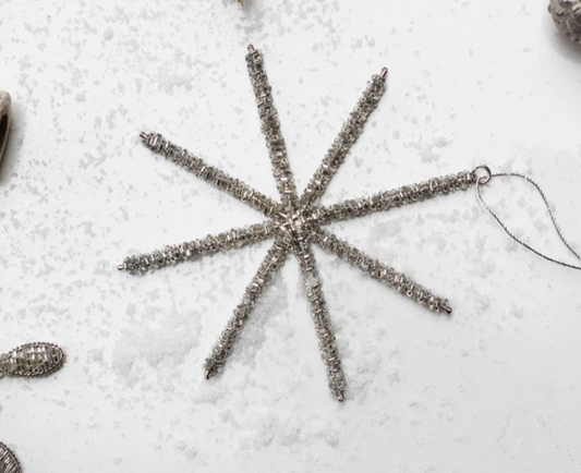 Silver Beaded Snowflake Bauble - Star-Shaped Christmas Tree Decoration