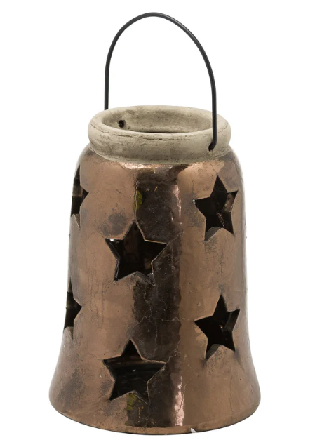 Large Bronze Star Lantern - Antique-Style Cement Candleholder